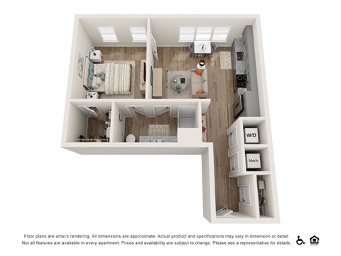 Floor plan for 1 bed, 1 bath, 675 sqft